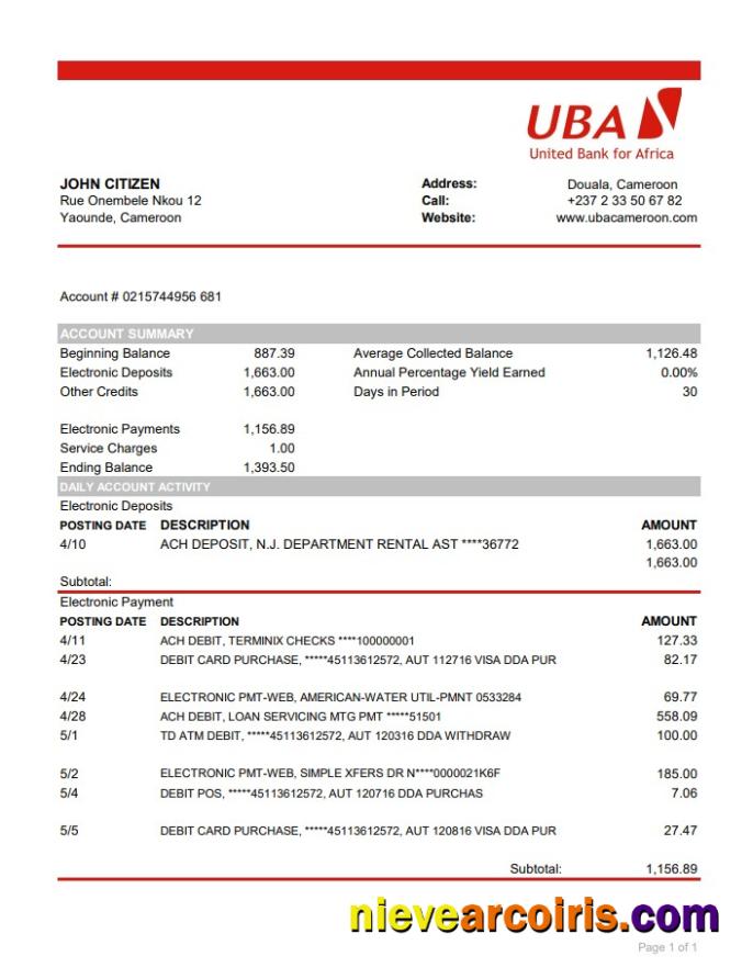 Cameroon UBA bank statement easy to fill in Excel and PDF format